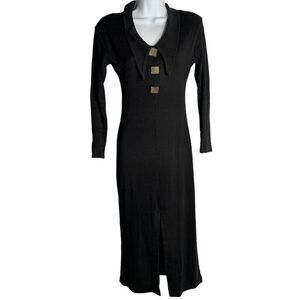 Vintage 70s Ange Paris Knit Maxi Dress S Black Collared Slit Morticia